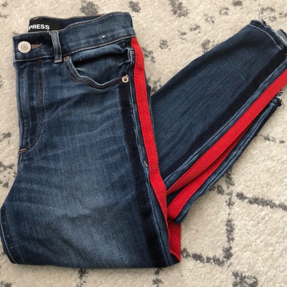 Express Red & Blue Stripped Ripped Jeans - Picture 2 of 2